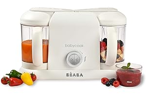 BÉABA - Babycook Duo - 4 in 1 Babynahrungszubereiter - Schonender Dampfgarer - Schnelles Dampfgaren in 15 Minuten - XXL Fassungsvermögen : 2x200 ml - Weiss/Silber