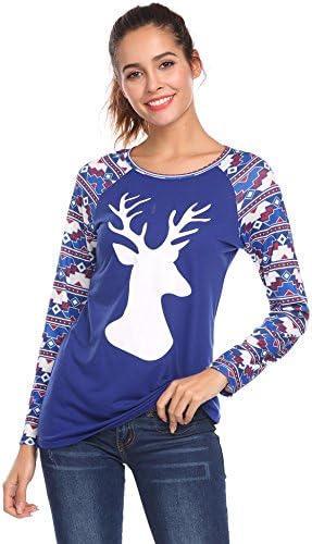 Fashion4OL Women Xmas Long Sleeve Deer Print Crew Neck Cotton Christmas Gift Stretchy T-Shirts Tops