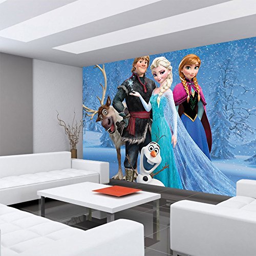 Vlies Fototapete PREMIUM PLUS Wand Foto Tapete Wand Bild Vliestapete – Kindertapete Anna Elsa Kristoff Olaf Schnee Bäume – no. 1971, Größe: 368 x 254 cm Vlies - 4