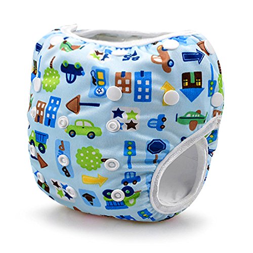 JJOnlineStore - Waterproof Reusable Swim Diaper One Size Nappy for Babies Infants Leakproof Swimming Shorts Breathable Watersport Swimwear Boys Girls (Blue Car Traffic Building)