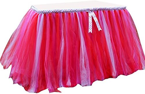 Table Skirt | Tutu Tulle 1 Yard Centerpiece Tableware Cover for Wedding Birthday Baby Shower Slumber Party Decoration (Red &amp; White with a Bow)