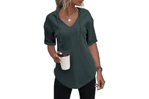 Cuptacc Sweter damski z kapturem, z długim rękawem, dekolt w serek, sweter z kapturem, jednokolorowy, ze sznurkiem