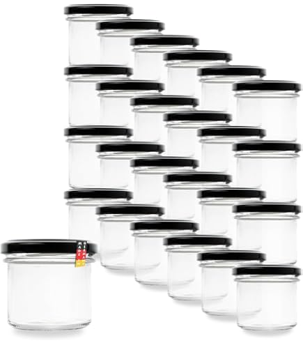 Lot de 24 bocaux en verre 340 ml avec couvercle Twist Off noir TO82 pour la conservation des soupes, des aliments pour bébés, des sauces ou pour conserver le thé et