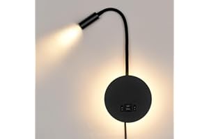 WisHomee Lampada da Lettura Muro con Porta di Ricarica USB & USB-C, con illuminazione ambientale, LED Letto Lampada da Lettura a Parete Flessibile, Lampada da Parete con Spina(Nero)