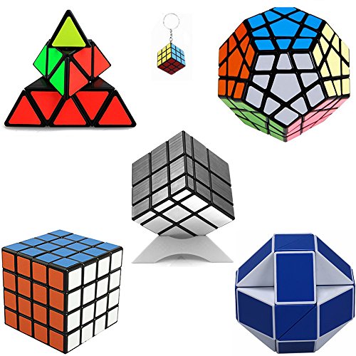 Preisvergleich Produktbild Unregelmäßige Cube Set,Zauberwürfel,4x4x4Mirror Cube, Pyraminx Zauberwürfel, Megaminx Zauberwürfel,Schlangenwürfel Magic Ruler Cube Twist Faltreifen Snake Kinder pädagogisches Spielzeug + Mini Cube Schlüsselanhänger (Silber)