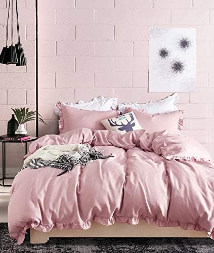 AShanlan Ruffle Duvet Cover Set Single Bed Pink Plain Bedding Sets Simple Quilt Covers With Pillowcase 50x75cm (Single-135x200cm,Rose Red)