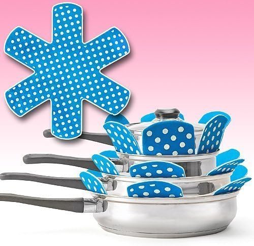 ASSIS Pot &amp; Pan Protectors-Set of 6 Gray Print Premium Divider Pads to Prevent Scratching, Separate and Protect Surfaces of Your Cookware - for Home and RV (blue and white)