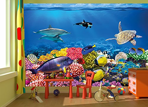 Fototapete Aquarium Wandbild Dekoration farbenfrohe Unterwasserwelt Meeresbewohner Ozean Fische Delphin Korallen-Riff Clownfisch | Foto-Tapete Wandtapete Fotoposter Wanddeko by GREAT ART (336 x 238cm) - 8