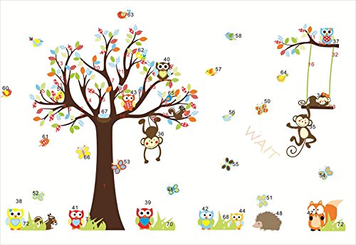Wand Sticker Aufkleber Papier Kunst Dekoration Fröhliche Tiere Löwe Wald Baum Deko Dschungel-Affe-Waldtierwandaufkleber Eichhörnchen und Eule Schaukel Spiel - 5