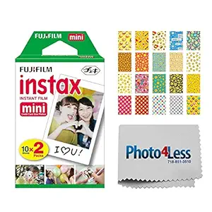 Fujifilm instax Mini Instant Film (20 Exposures) + 20 Sticker Frames for Fuji Instax Prints Emoji Package + Photo4Less Cleaning Cloth ? Deluxe Accessory Bundle