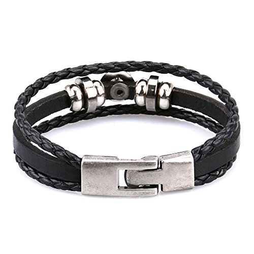 Pridot Freundschaft Bänder Accessoires Schwarz Unisex Leder Armband Stern Perlen Armreif Tribal Cuff mit Retro Legierung Haken - 2