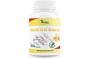 ‎FUTURES NUTRITION FUTURES NUTRITION 10000 I.E Vitamin D3 K2 Hochdosiert | Vegan | Beste Bioverfügbarkeit mit 99,7+% All-Trans Anteil | Nur 1 Tablette alle 10 Tage | Laborgeprüfte Reinheit | 365 Tabletten