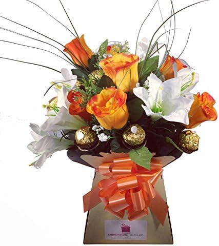 Luxury Silk Orange Roses &amp; Lilies and Ferrero Rocher Chocolate Bouquet
