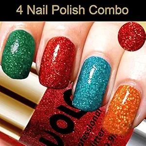 VOLO Nail Polish Combo, Shimmery Finish, Dark Green Glitter, Red Glitter, Sky Blue Glitter, Light Orange Glitter, 39.6 Ml