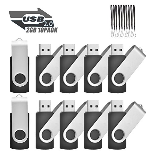10 Pack USB Memory Sticks 2GB EASTBULL USB 2.0 Flash Drives Pen Drive Photo Memory Stick Swivel Design Fold Storage (Black With Lanyard)