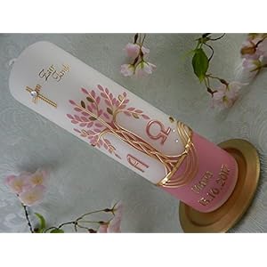 Taufkerze Lebensbaum altrosa gold handmade Wachs Taufkerzen für Mädchen 250/70 mm mit Name