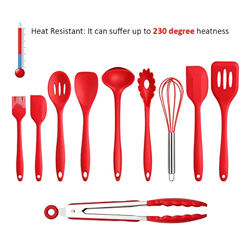 Küchenhelfer Set – Swify 10 Stück Premium Silikon Küchen Utensilien Set: 2 * Silikon Spachteln, 1 * Schneebesen, 1 * Spaghettilöffel, 1 * Suppenkellen , 1 * Silikon Pfannenwender, 1 * Suppenkelle, 1 * Schlitzlöffel, 1 * Grillzange, 1 * Silikon Pinsel - 2