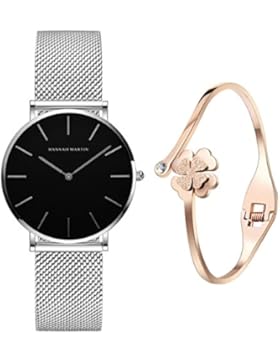 XLORDX Classic Damen-Armbanduhr Analog Quarz Silber Edelstahl Armband, Schwarz Zifferblatt mit Elegant Rosegold...
