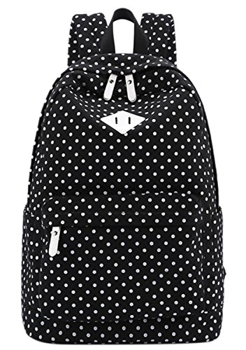 Aivtalk Femme Sac à Dos Canevas Sac de Loisir en Toile Motif à Pois Backpack Cartable Décontractée Deux Poches Multifonctionnel pour Etudiant Voyage Camping Ordinateur Portable - Noir