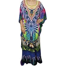 Mogul Interior Ladies Kimono Kaftan Dresses Georgettina Vibrant Shades Digital Print Bikini Beach Coverup One Size