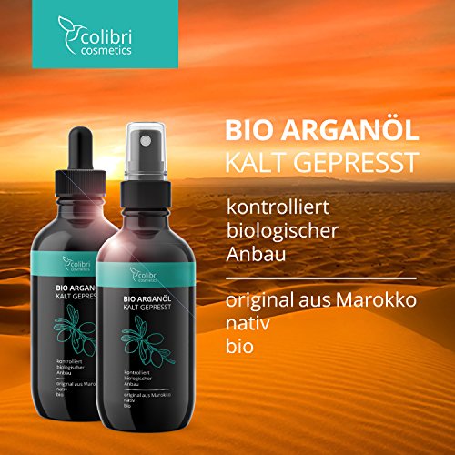 Bio Arganöl 120ml nativ und kaltgepresst, ohne Silikon – 100% reines Arganöl für Haare, Haut und Nägel, zertifiziert biologisch in Lichtschutz Glasflasche, reich an Vitamin E, feuchtigkeitsspendendes Anti Aging Serum, inkl. Spray-Kopf und Pipette – colibri cosmetics / Naturkosmetik made in Germany - 4