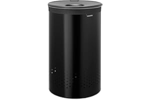 Kosz na pranie Brabantia z pokrywą | 60 l pojemnik na pranie z wyjmowanym bawełnianym workiem i otworem Quick-Drop | Oszczędzający miejsce kosz na pranie | Matt Black