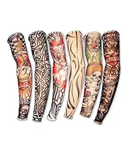 Suryavanshi World Nylon Stretch Cloth Arm Art Tattoo Costume Sleeves for Bike Lovers (Multicolour, Pack of 6) Pair of 3
