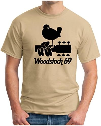 OM3 - WOODSTOCK '69 - T-Shirt PEACE LOVE MUSIC HIPPIE FLOWER POWER USA, L, khaki