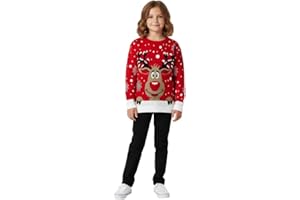 LUXFAB Children's Kids Girls Boys Merry Christmas Reindeer Rudolph On The Wall Christmas Long Sleeve Pompom Xmas Jumper 5-13