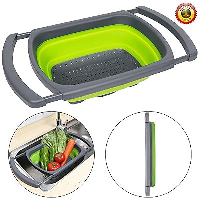Senter Passoire pliable sur le Lavabo Vegtable/fruits Passoire Passoire avec poignées extensibles (Vert et rouge) 39*26*5.5 Green