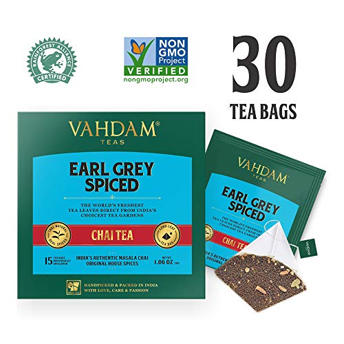 VAHDAM, Earl Grey Masala Chai Tea Bag | 30 bolsitas de té Pyramid (juego de 2) | Especias 100% naturales | Té negro con aceite de bergamota Spicy Chai tea bag Earl Grey Tea de la India
