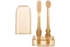 HshDUti Infant Zahnbürste 360 Grad Reinigung Zahnpflege 2 Stück Baby Zungenbürste Zahnbürste Set (1 Zahnbürste + 1 Zungenbürste) Weiche Silikon Massage Zahnbürsten für Baby Braun