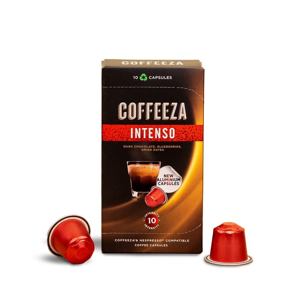 COFFEEZA Intenso Aluminium Coffee Capsules, Intensity - 10, Nespresso Compatible Coffee Pods, Box Of 1 (10 Capsules), Brew Cold/Hot
