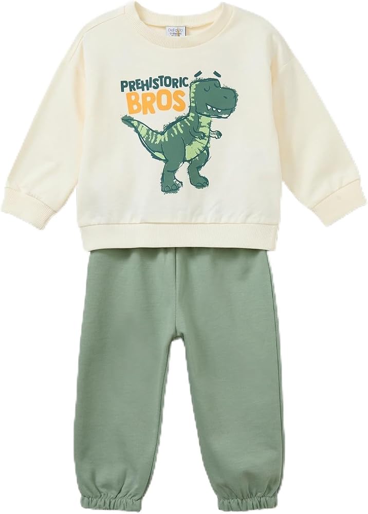 DeFacto Dinozor Baskılı Sweatshirt Kumaşı 2'li Takım Erkek Bebek