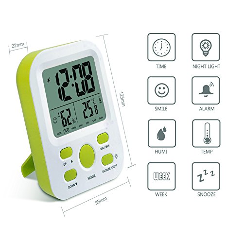Digital Wecker wiederaufladbar, SSA Kleine Schreibtischuhr mit Temperatur, Feuchtigkeit, Woche 12 / 24h Display, Snooze, Reiseuhren für Teens, Kinder (Stand) - 2