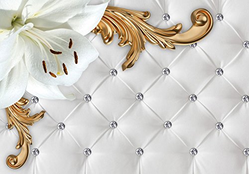 FOTOTAPETE 350×245 cm – VLIES TAPETE PREMIUM – PROFI QUALITÄT – Top moderne Wanddeko – Riesen Wandbild – Top Design Tapete – Neue exklusive Edition mit noch besser Druckauflösung – Deutsches Premium Vlies – Blumen Lilien Ornament weiß Steppmuster f-C-0112-a-a - 3