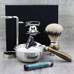 Haryali London 6Pc Mens Shaving Kit 3 Edge Razor, Silver Tip Badger Hair Brush, Bowl, Stand, Soap and Alum Perfect Set… - Image 3