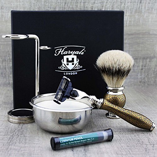 Haryali London 6Pc Mens Shaving Kit 3 Edge Razor, Silver Tip Badger Hair Brush, Bowl, Stand, Soap and Alum Perfect Set… - Image 4