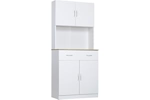 HOMCOM Alacena de Cocina Mueble Auxiliar de Cocina con Puertas Cajón y Estantes Ajustables Antivuelco para Comedor Salón 80x40x180 cm Blanco