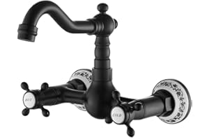 BEENLE-ICEY Grifo de cocina de pared antiguo, bronce antiguo, rotación de 360 °, doble control de cruz, volante, grifo de cocina, color negro