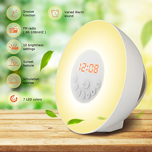 Beawelle D02 Wake-Up Light mit Sonnenaufgangsfunktion in 10 Farbstufen inkl. digitalem FM Radio, 6 natürlichen Wecktöne, 7 Farben - 2