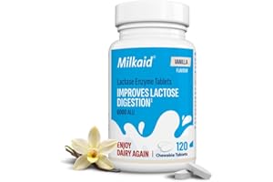 Milkaid Vanilla Lactase Enzyme Chewable Tablets for Lactose Intolerance Relief | Prevents Gas, Bloating & Diarrhoea | Fast Acting Dairy Digestive Supplement | Gluten Free & Vegan | 120 Tablets