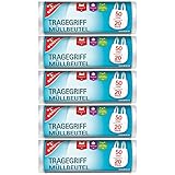 Good and cheap trash bag with carrying handle, 50 litres, 20 pieces per roll, tear and liquid resistant, recyclable product a