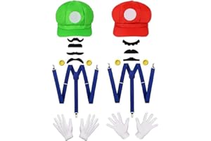 OWOAOOwl 2Stücke Hut Kappen Schnurrbärte Handschuhe Knöpfe Hosenträger Cosplay Kostüm Zubehör,Erwachsene Karneval Kostüm Mütze Hut,Faschingkostüme Mottoparty Halloween, für Kinder Damen Herren