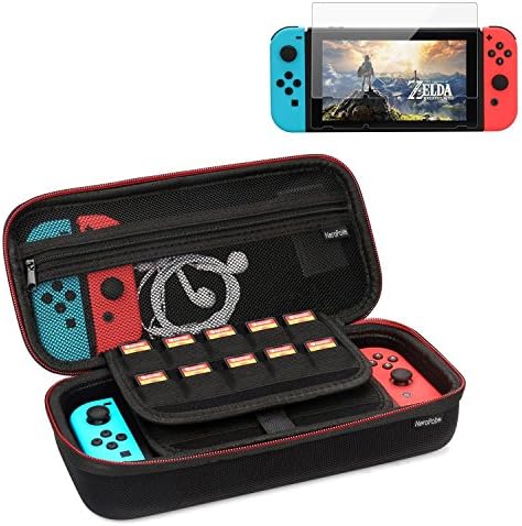 Neropoke Nintendo Switch Carrying Case with Premium Asahi Tempered Glass Screen Protector 20 Game Slot AC Wall Adapter Cable Console &amp; Accessories Great for Travel (Black/Protector)