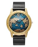 JSDDE Uhren,Vintage Holz-Muster Weltkarte Armbanduhr Damenuhr Kleid Uhr PU Lederarmband Analog Quarzuhr,Schwarz