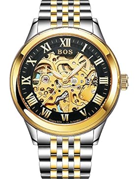 BOS Herren Automatische Uhr mit Selbstaufzug Mechanische Skeleton Gold Gehäuse Zifferblatt schwarz Edelstahl Band...