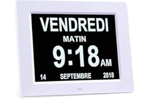 SENXINGYAN Orologio Calendario Digitale Sveglia, 8" LCD Oscuramento Automatico con Ora, Data, Anno Mese Giorno Non-Abbreviazione Orologio Completo per Perdita Di Memoria Anziani Demenza Alzheimer - Bianco