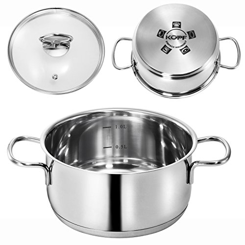 Kopf Topfset Merkur aus Edelstahl 4-teilig, Kochgeschirr Induktion, Kochtopf-Set mit Innenskala und Schüttrand, Kochset, 3 Töpfe, 1 Kasserolle mit Glasdeckel und Dämpfeinsatz - 4