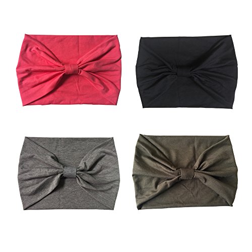 DRESHOW 4 Pack Headbands Vintage Elastic Printed Head Wrap Stretchy Moisture Solid Color Criss Hairband for Women